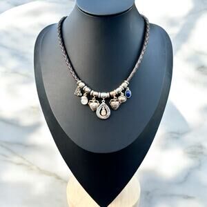 European Style Charm Necklace Black Leather Cord Hearts & Gem Euro Slider Charms